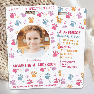 Colourful Paw Prints Custom Photo Safety Child ID ID Badge