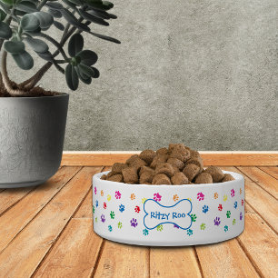 Colourful Paw Prints Dog's Name in Bone Bowl