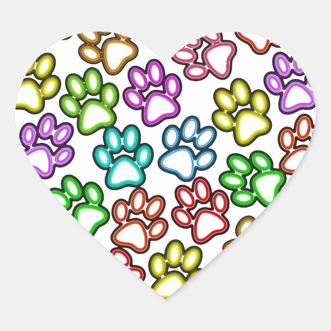Colourful Paw Prints Heart Sticker (Front)