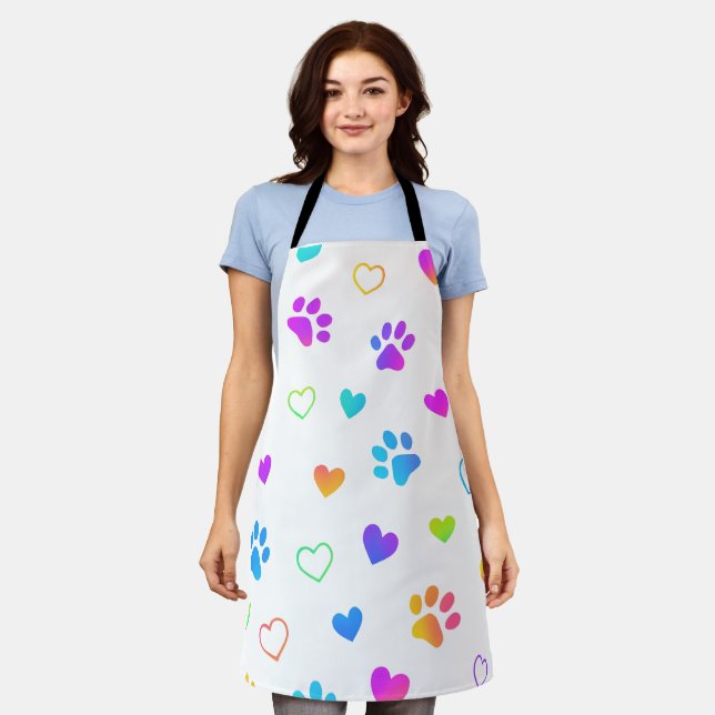Colourful Paw Prints & Hearts Apron (Worn)