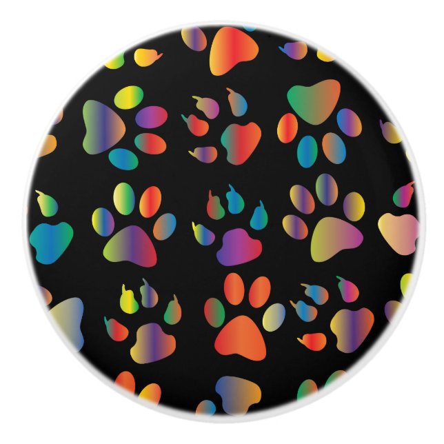 Colourful Paw Prints Pattern (Black) Ceramic Knob (Front)