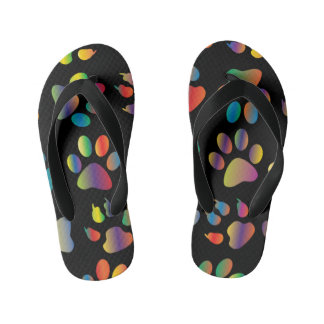 Colourful Paw Prints Pattern (Black) Kid's Flip Flops