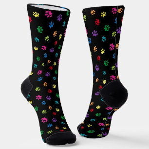Colourful Paw Prints Pattern Black Socks