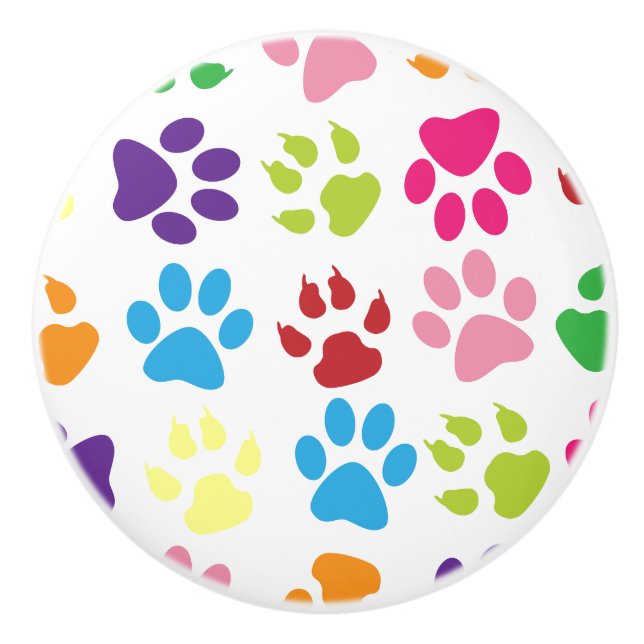 Colourful Paw Prints Pattern Ceramic Knob (Front)