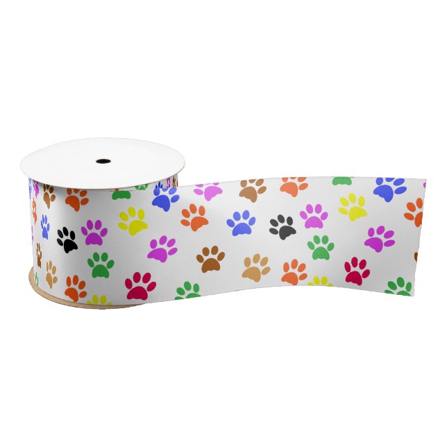 Colourful Paw Prints Pattern Satin Ribbon (Spool)