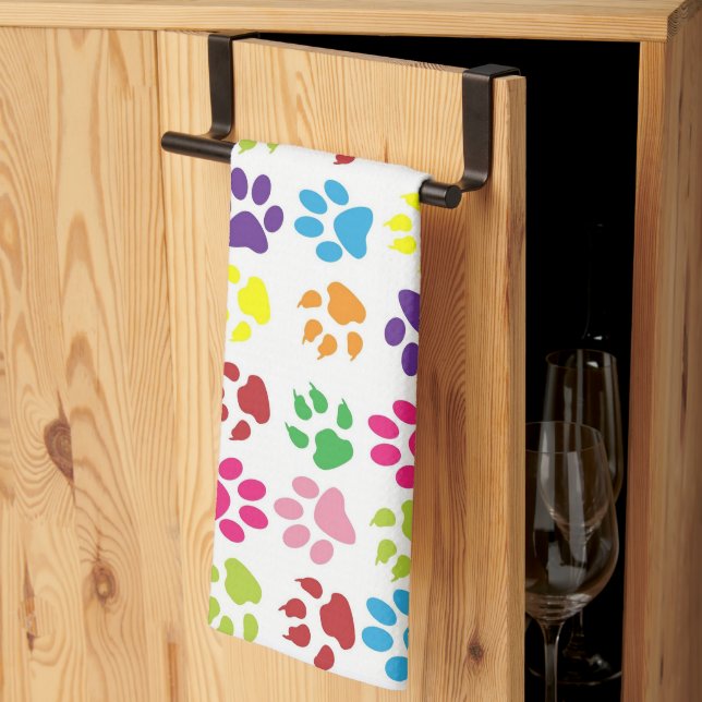 Colourful Paw Prints Pattern Tea Towel (Thirds Fold)