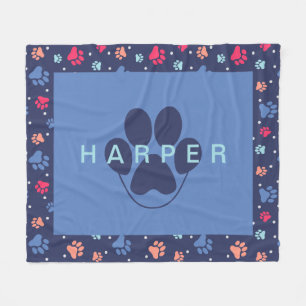 Colourful Paw Prints Personalised Navy Blue Pet Fleece Blanket