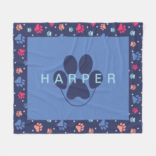 Colourful Paw Prints Personalised Navy Blue Pet Fleece Blanket (Front (Horizontal))