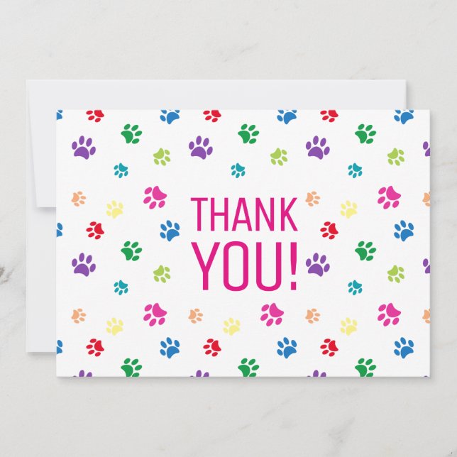 Colourful Paw Prints Pink Thank You Card (Front)