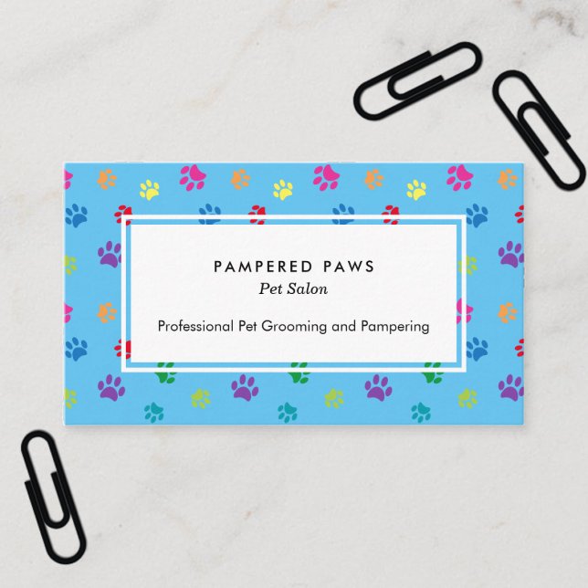 Colourful Paw Prints Professional Pet Salon Blue Business Card (Creator Uploaded)