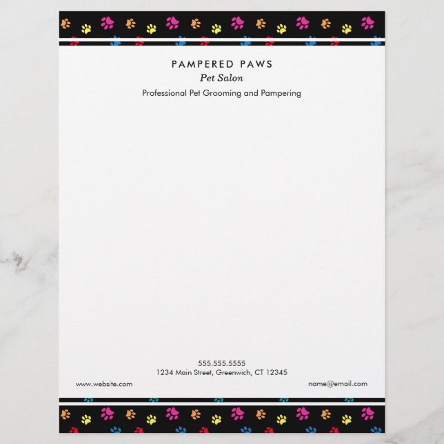 Colourful Paw Prints Professional Pet Salon Custom Letterhead (Front)