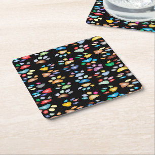 Colourful paw prints square paper coaster