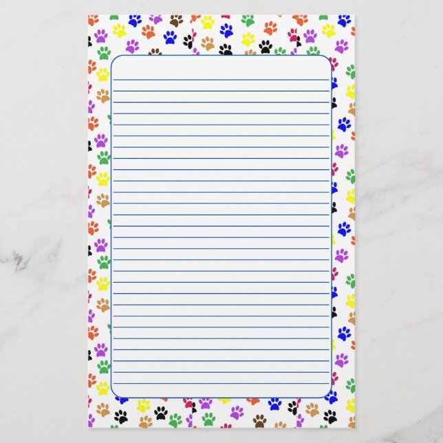 Colourful Paw Prints with Dog and Cat Lined  Stationery (Front)