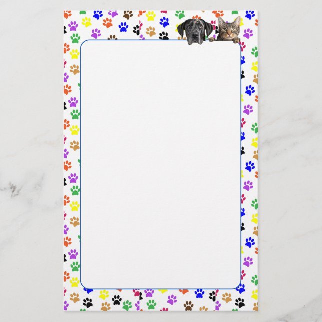 Colourful Paw Prints with Dog and Cat Stationery (Front)