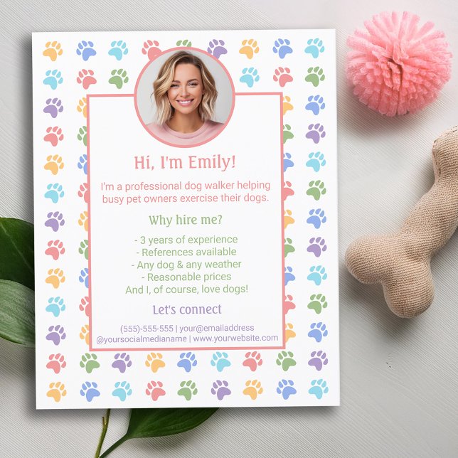Colourful Paws Custom Photo Dog Walker Services Flyer (Creator Uploaded)