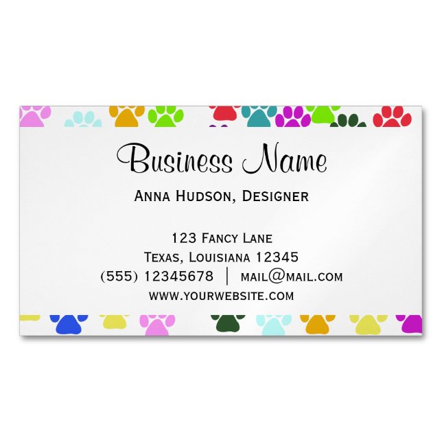 Colourful Paws, Dog Groomer, Dog Walker, Pet Shop Magnetic Business Card (Front)