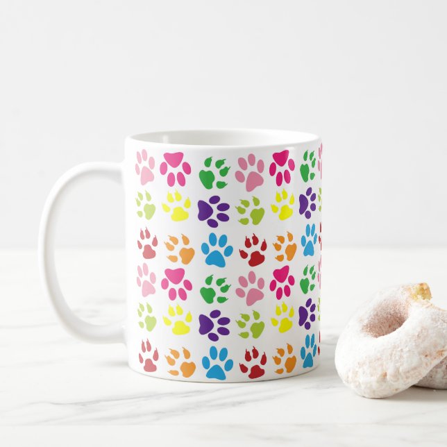 Colourful Paws, Dog Paws, Cat Paws Coffee Mug (With Donut)