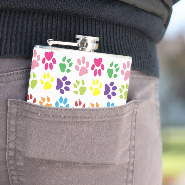 Colourful Paws, Dog Paws, Cat Paws Hip Flask (In Situ)
