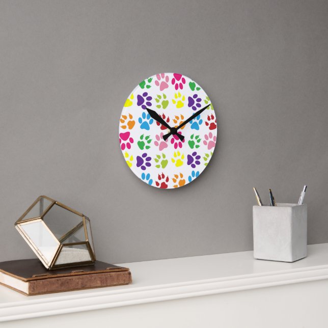 Colourful Paws, Dog Paws, Cat Paws Round Clock (Office)