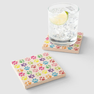Colourful Paws, Dog Paws, Cat Paws Stone Coaster