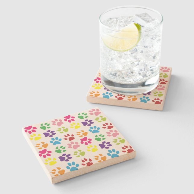 Colourful Paws, Dog Paws, Cat Paws Stone Coaster (Side)