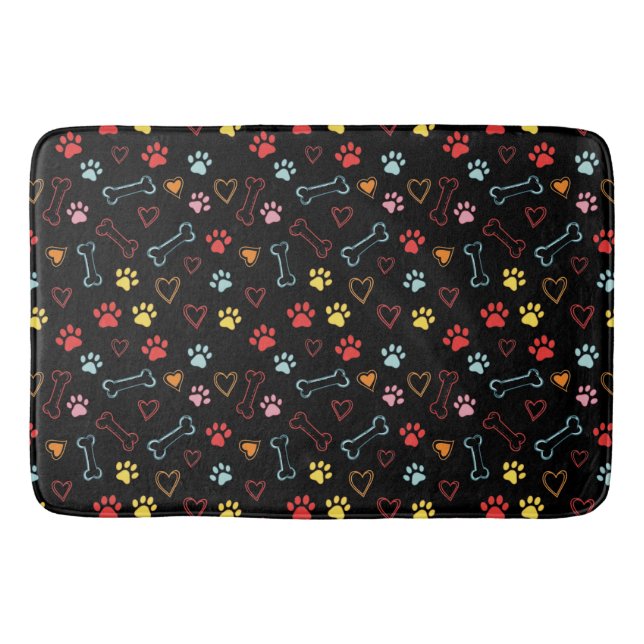 Colourful Paws, Hearts & Bones Doodle Bath Mat (Front)