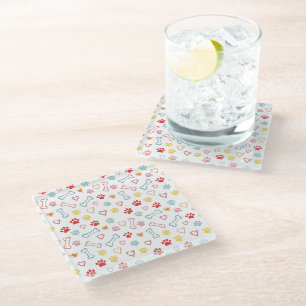 Colourful Paws, Hearts & Bones Doodle Glass Coaster