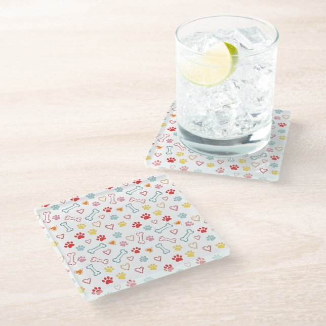 Colourful Paws, Hearts & Bones Doodle  Glass Coaster (Angled)