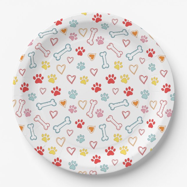 Colourful Paws, Hearts & Bones Doodle Paper Plate (Front)