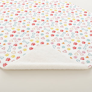 Colourful Paws, Hearts & Bones Doodle Sherpa Blanket