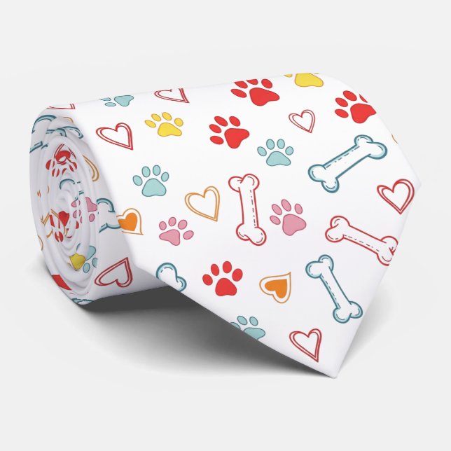 Colourful Paws, Hearts & Bones Doodle Tie (Rolled)