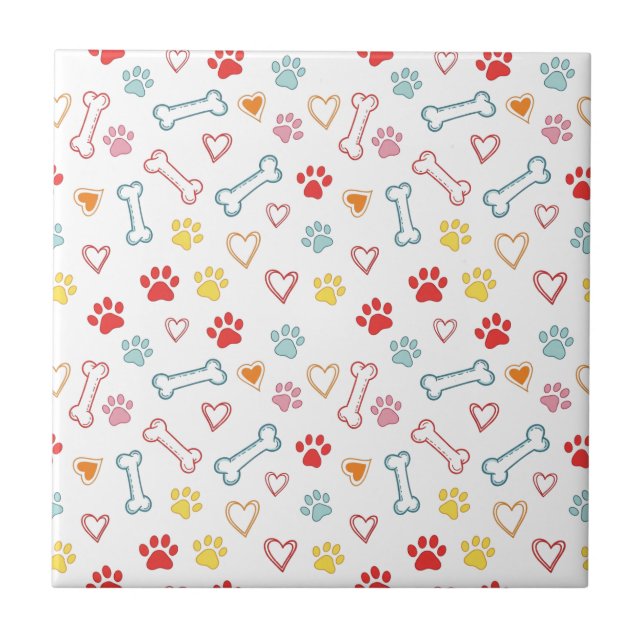 Colourful Paws, Hearts & Bones Doodle  Tile (Front)