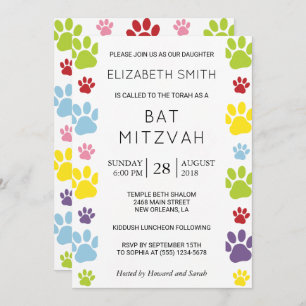 Colourful Paws, Paw Pattern, Dog Paws, Bat Mitzvah Invitation