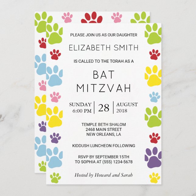 Colourful Paws, Paw Pattern, Dog Paws, Bat Mitzvah Invitation (Front/Back)