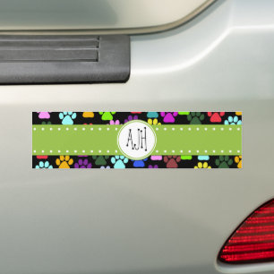 Colourful Paws, Paw Pattern, Dog Paws, Monogram Bumper Sticker