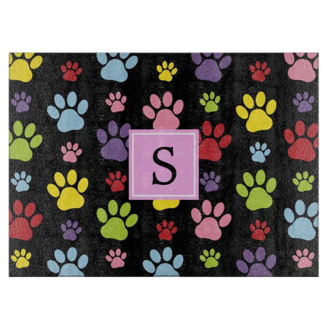 Colourful Paws, Paw Pattern, Dog Paws, Monogram Cutting Board (Front)