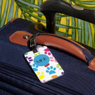 Colourful Paws, Paw Pattern, Dog Paws, Monogram Luggage Tag