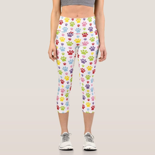 Colourful Paws, Paw Pattern, Dog Paws, Paw Prints Capri Leggings (Front)