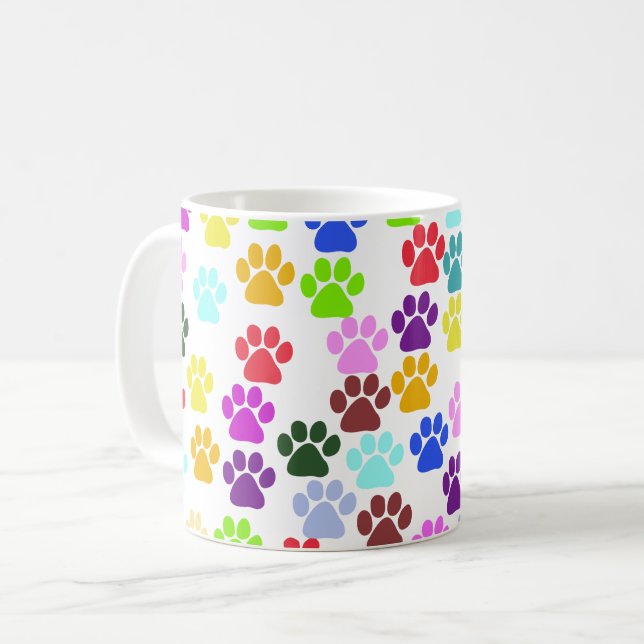 Colourful Paws, Paw Pattern, Dog Paws, Paw Prints Coffee Mug (Front Left)