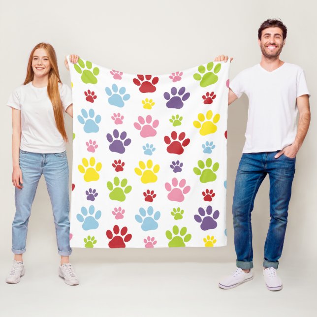 Colourful Paws, Paw Pattern, Dog Paws, Paw Prints Fleece Blanket (In Situ)