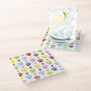 Colourful Paws, Paw Pattern, Dog Paws, Paw Prints Glass Coaster