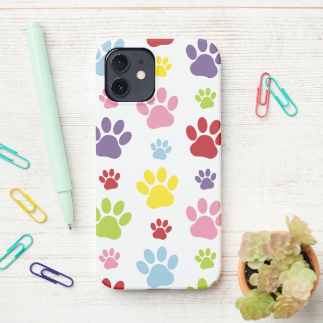 Colourful Paws, Paw Pattern, Dog Paws, Paw Prints iPhone Case (On Desk)