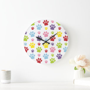 Colourful Paws, Paw Pattern, Dog Paws, Paw Prints Large Clock