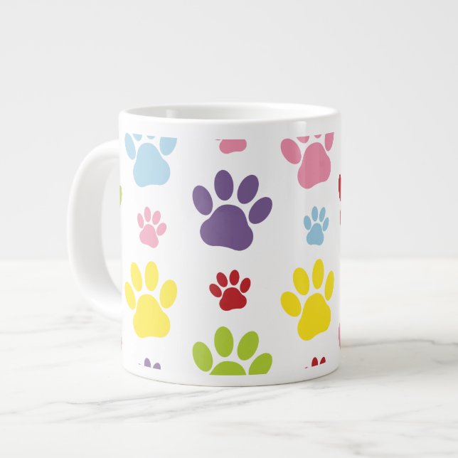 Colourful Paws, Paw Pattern, Dog Paws, Paw Prints Large Coffee Mug (Front Left)