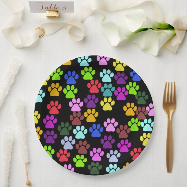 Colourful Paws, Paw Pattern, Dog Paws, Paw Prints Paper Plate (Wedding)