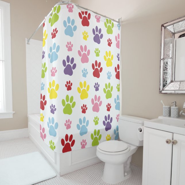 Colourful Paws, Paw Pattern, Dog Paws, Paw Prints Shower Curtain (In Situ)