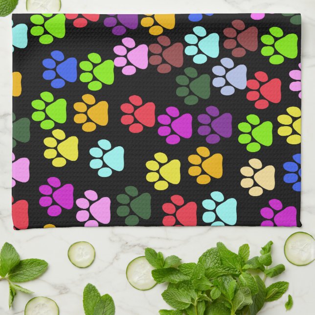 Colourful Paws, Paw Pattern, Dog Paws, Paw Prints Tea Towel (Folded)