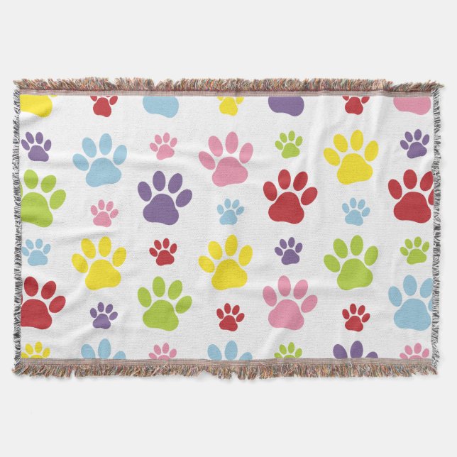 Colourful Paws, Paw Pattern, Dog Paws, Paw Prints Throw Blanket (Front)