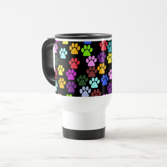 Colourful Paws, Paw Pattern, Dog Paws, Paw Prints Travel Mug (Front Left)