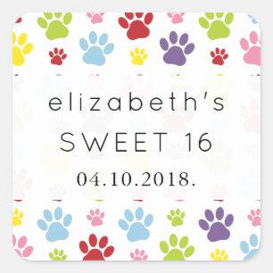 Colourful Paws, Paw Pattern, Dog Paws, Sweet 16 Square Sticker
